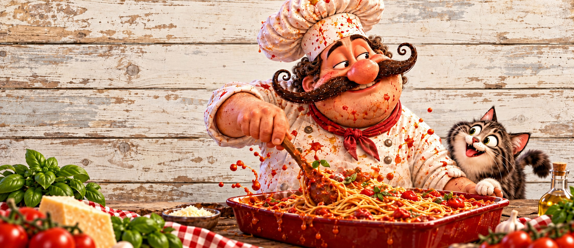 Ubaldo e Zazà in cucina con un vassoio di spaghetti